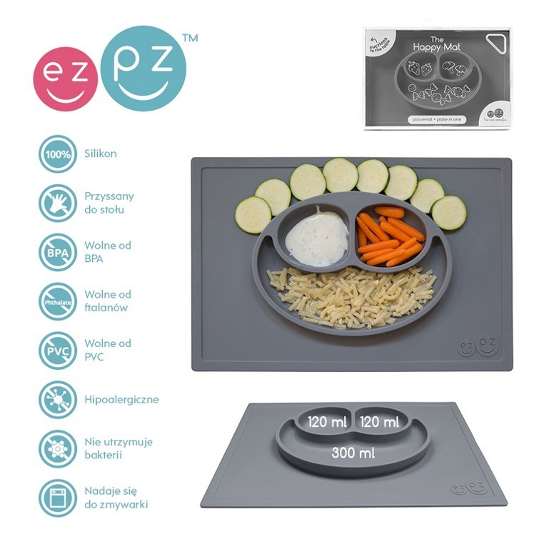 EZPZ Talerzyk z podkładką 2w1 Happy Mat szary 6m+