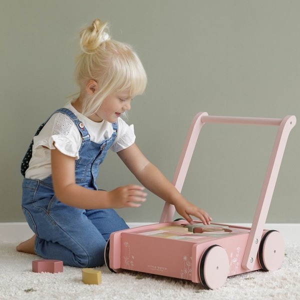 Little Dutch Wózek z klockami Róż Flowers 12m+