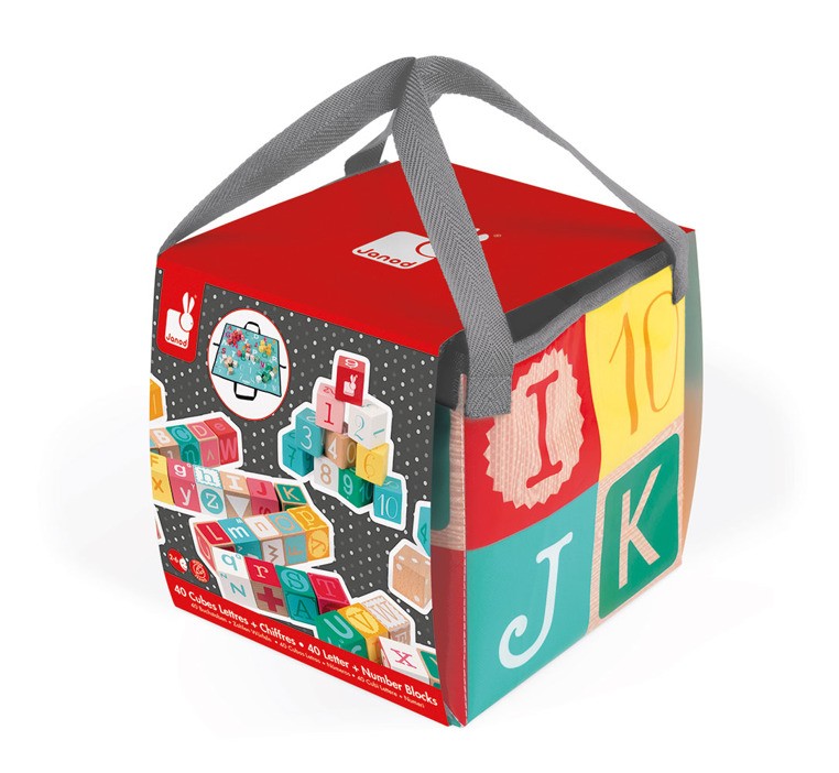 Janod Klocki Drewniane Kubix 40 sztuk Litery i Cyfry 3+