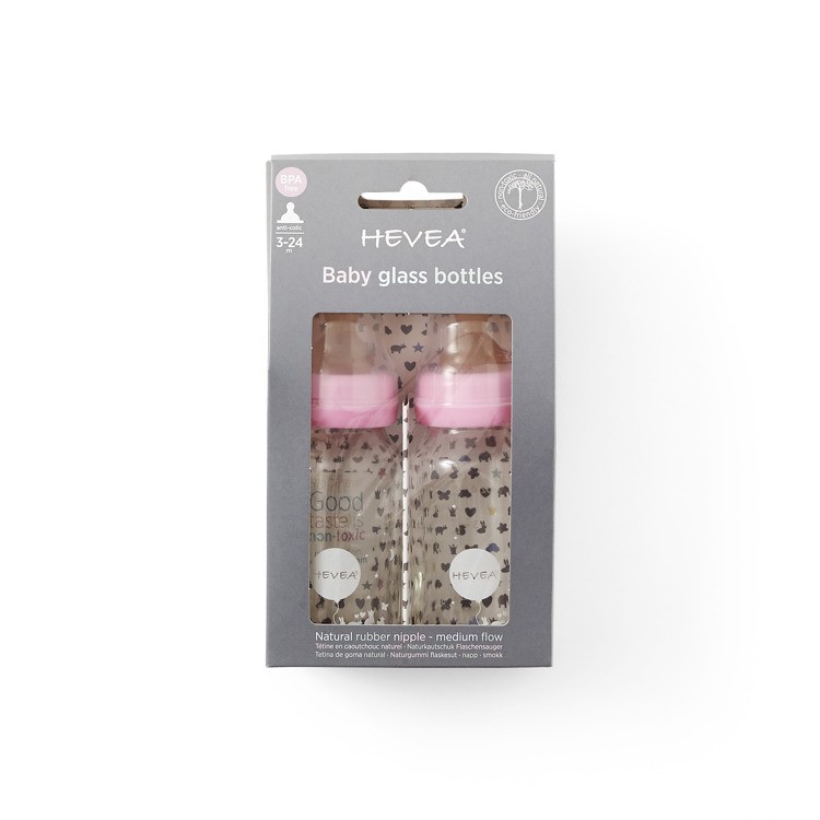 Hevea Szklane Butelki 120ml z Kauczukowym Smoczkiem 2szt