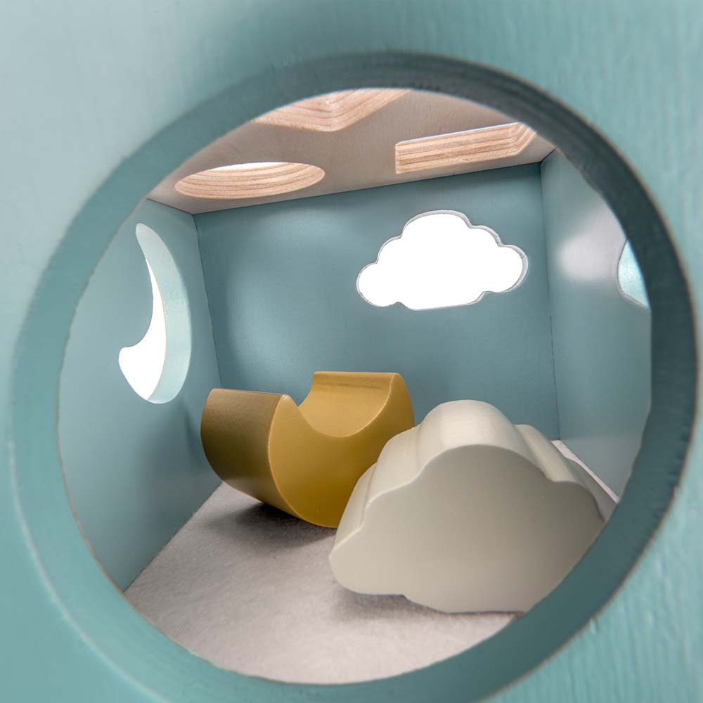 Drewniany sorter kształtów niebieski, zabawka edukacyjna dla dzieci, Micki