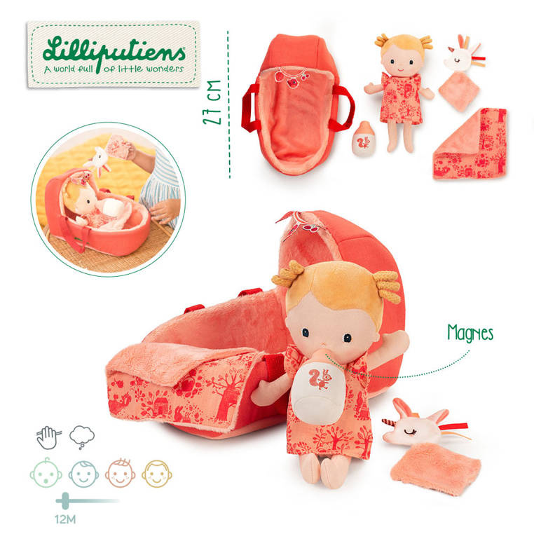Lilliputiens – Lalka dzidziuś Lena w gondoli z komforterem i butelką mleka - 12 m+
