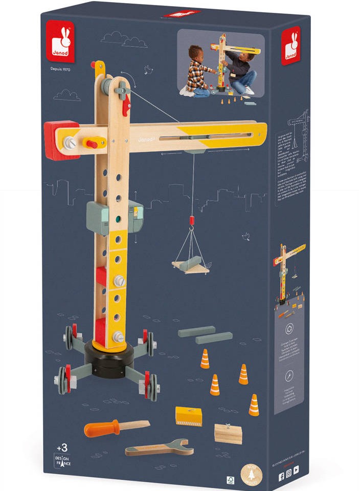Janod Drewniany Dźwig Budowlany z Narzędziami 3+