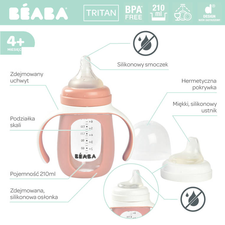 Beaba Szklana butelka treningowa 2w1 210 ml Old pink 4m+