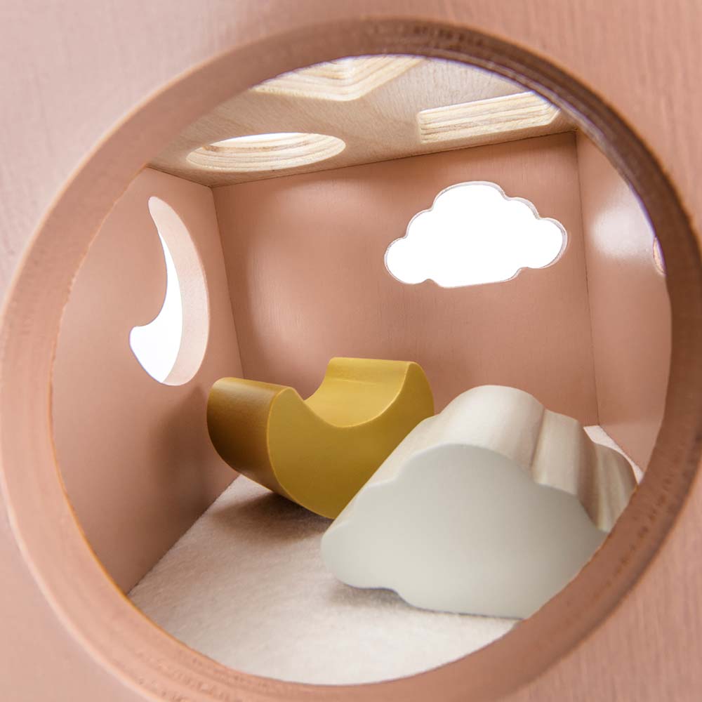 Drewniany sorter kształtów różowy, zabawka edukacyjna dla dzieci, Micki