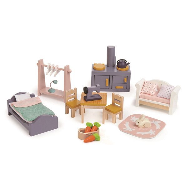 Tender Leaf Toys, Drewniany dwupiętrowy domek dla lalek z wyposażeniem