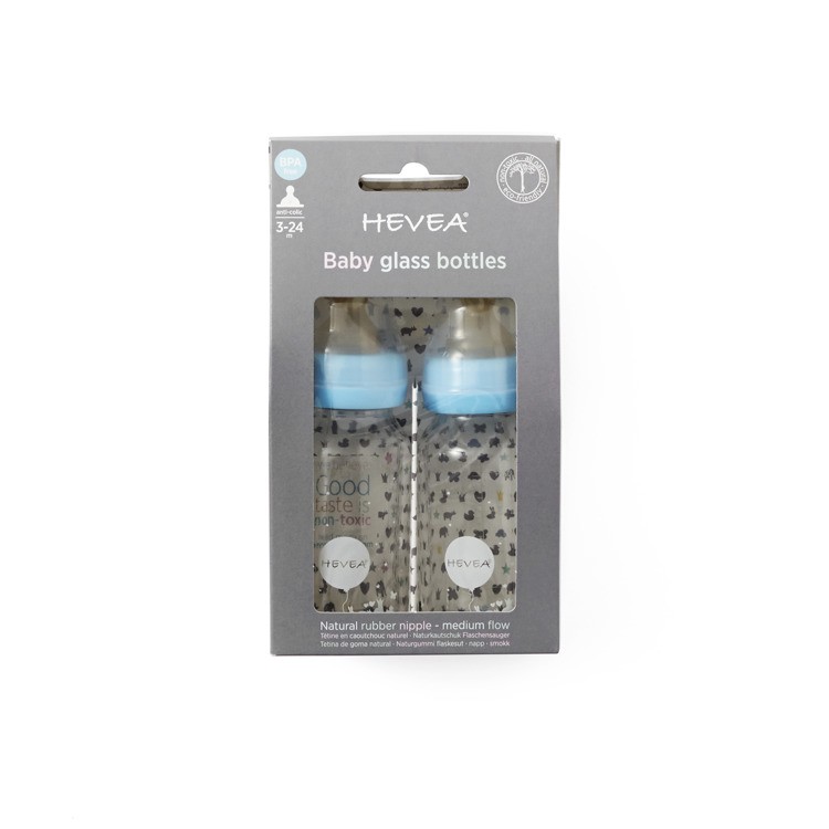 Hevea Szklane Butelki 120ml 2szt Kauczukowe Smoczki Niebieskie 0+