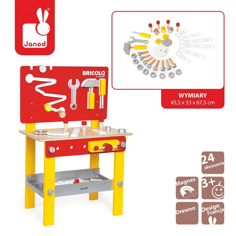 Janod, stolik warsztatowy z 24 akcesoriami Bricolo