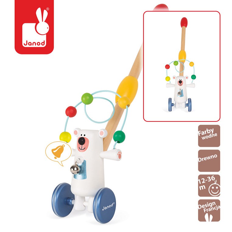 Janod, pchacz drewniany Miś polarny z pętlą edukacyjną,