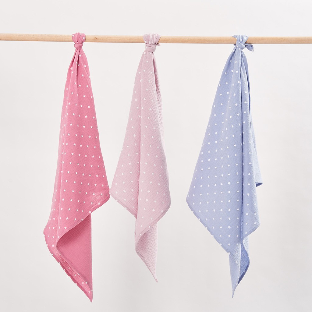 Bimbla Pieluszki Muślinowe Gwiazdki Róż 3-pak 0+