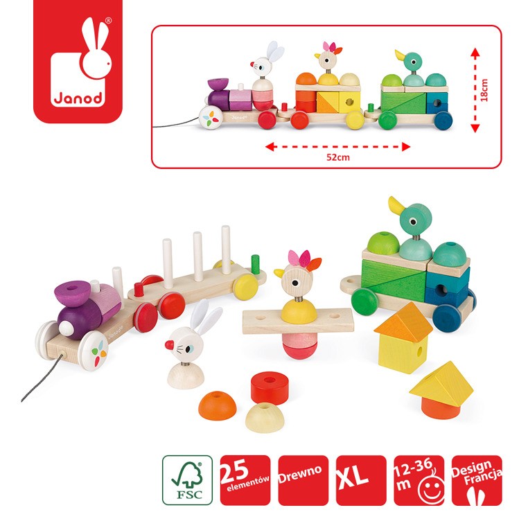 Janod Pociąg z klockami i zwierzątkami do ciągnięcia 12m+