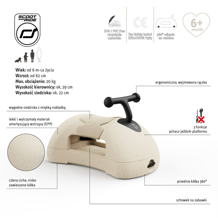 SCOOTANDRIDE My First Ewolucyjny jeździk pchacz 3w1 6 m+