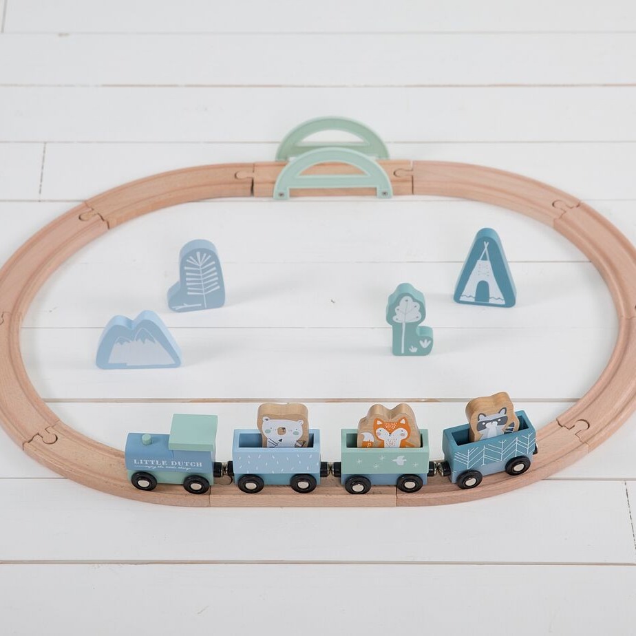 Little Dutch Pociąg z Torami Błękit - Drewniany 2+