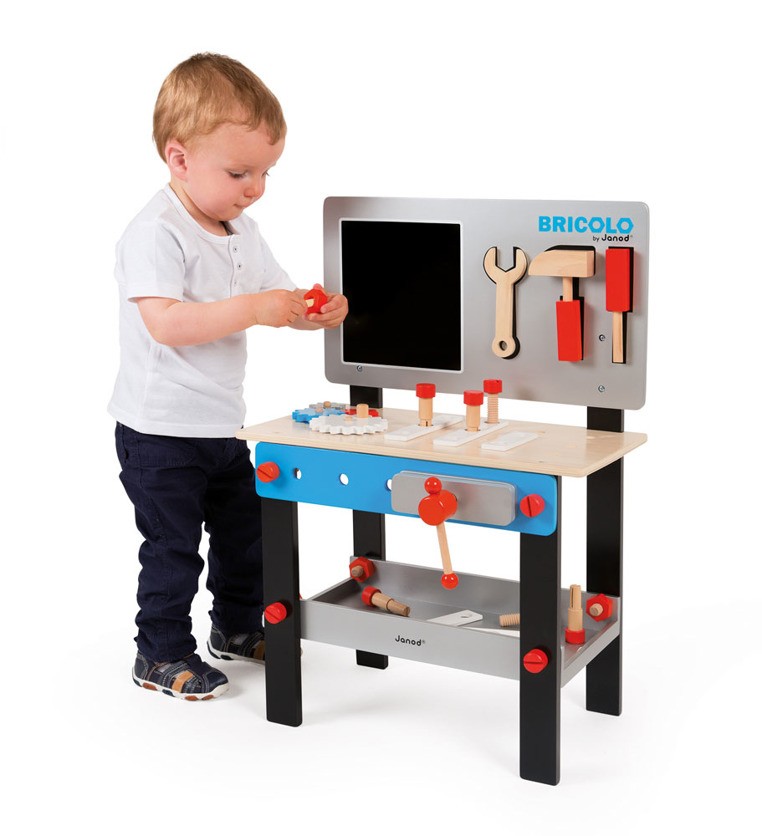 Janod, Stolik warsztat drewniany magnetyczny z 24 elementami Bricolo