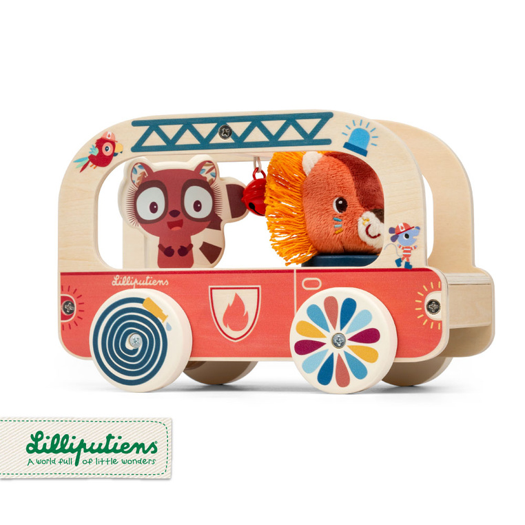 Lilliputiens – Drewniany wózek do ciągnięcia Wóz strażacki Lew Jack - zabawka edukacyjna dla dzieci 12 m+