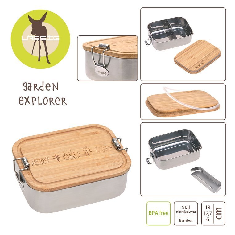Lassig, Lunchbox ze stali nierdzewnej z bambusową pokrywką Garden Explorer