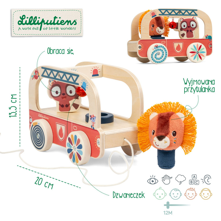Lilliputiens – Drewniany wózek do ciągnięcia Wóz strażacki Lew Jack - zabawka edukacyjna dla dzieci 12 m+