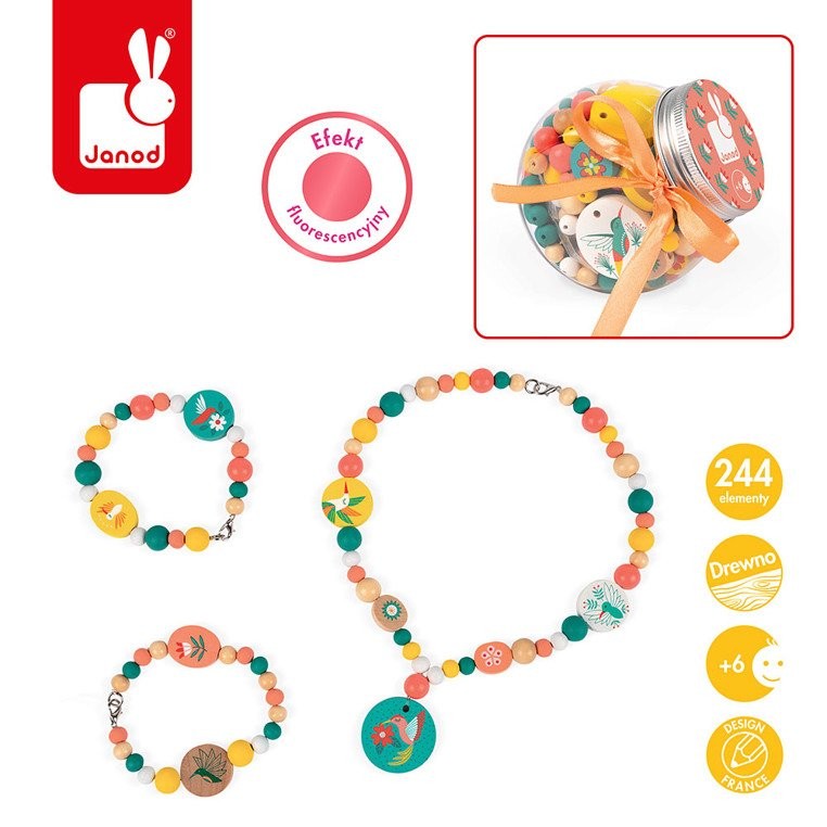 Janod Zestaw do Biżuterii Drewniane Koraliki Kolibry 6+