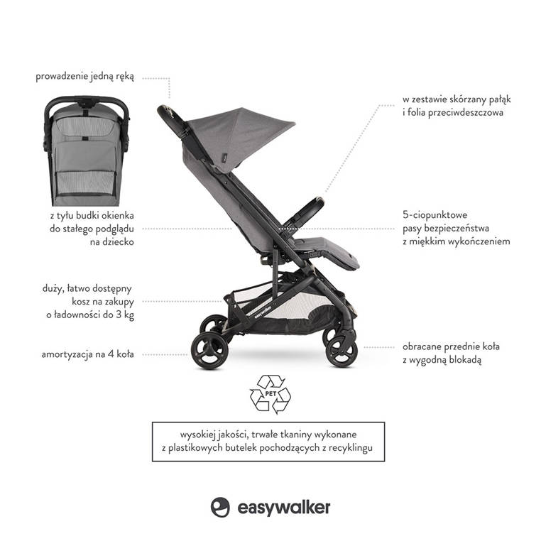 Easywalker Miley² Wózek Spacerowy Marble Grey 0+ z Torbą