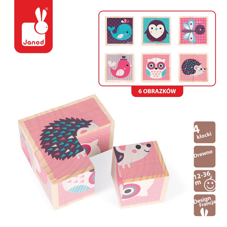 Janod Klocki Drewniane Puzzle 6w1 Zwierzątka 18m+