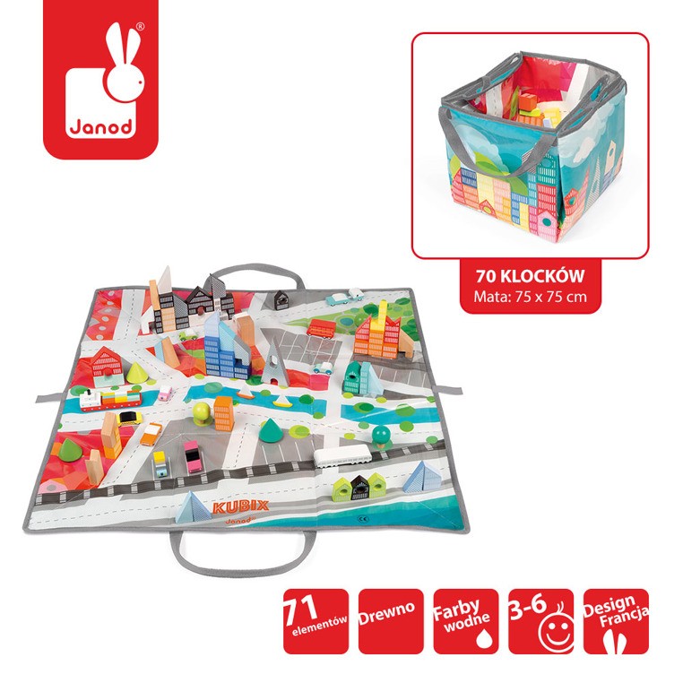 Janod Klocki Drewniane z Matą Miasto Kubix 70 szt. 3+