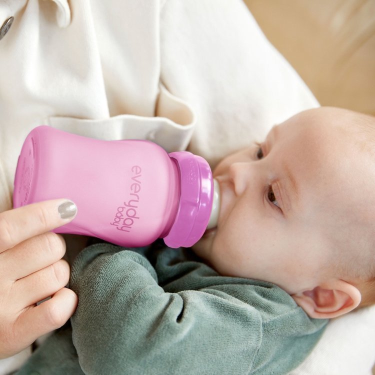 Everyday Baby, Szklana butelka ze smoczkiem S reagująca na temperaturę, 150 ml - wiśniowa