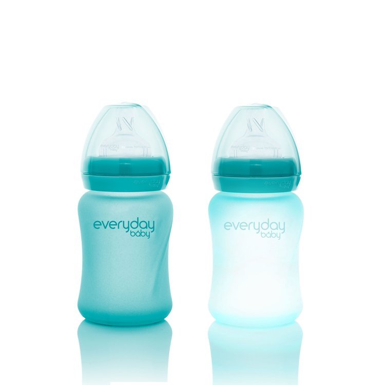 Everyday Baby, Szklana butelka ze smoczkiem S reagująca na temperaturę, 150ml - turkusowa