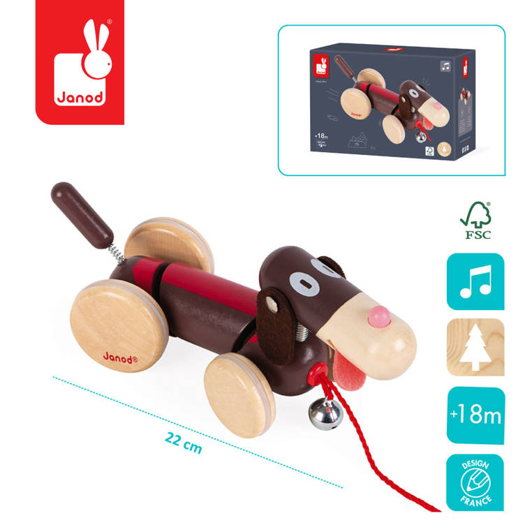 Janod Drewniany Piesek do Ciągnięcia 18m+ Stabilny