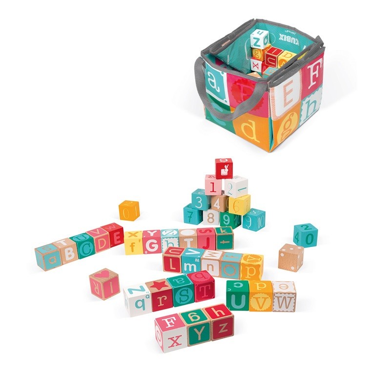 Janod Klocki Drewniane Kubix 40 sztuk Litery i Cyfry 3+