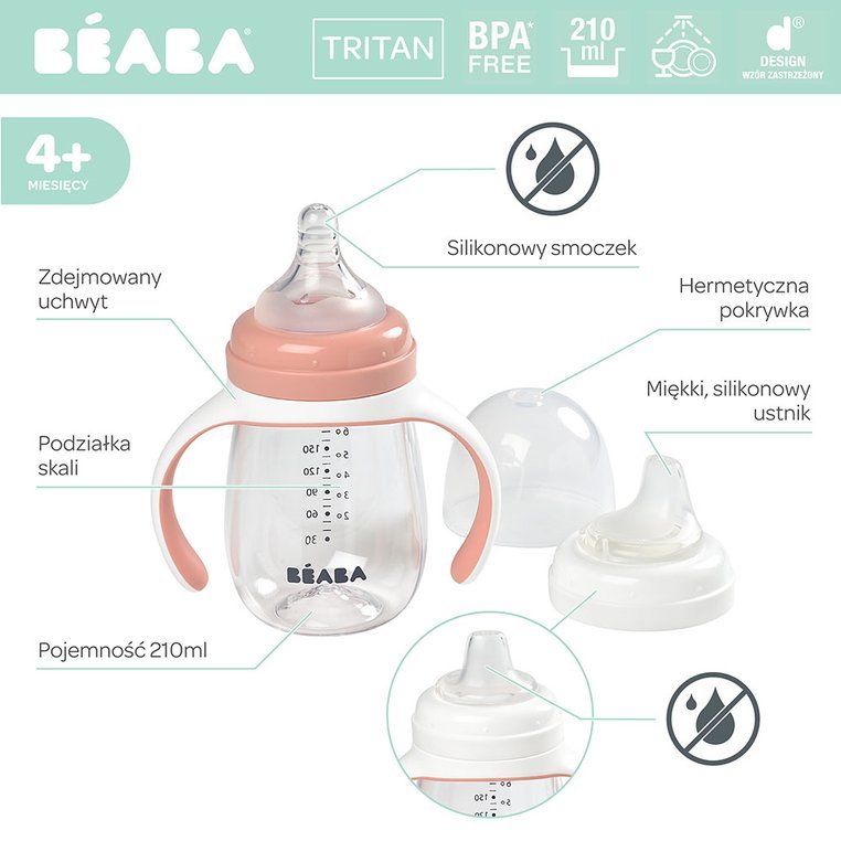 Beaba Butelka treningowa 2w1 Tritan 210 ml old pink 6m+