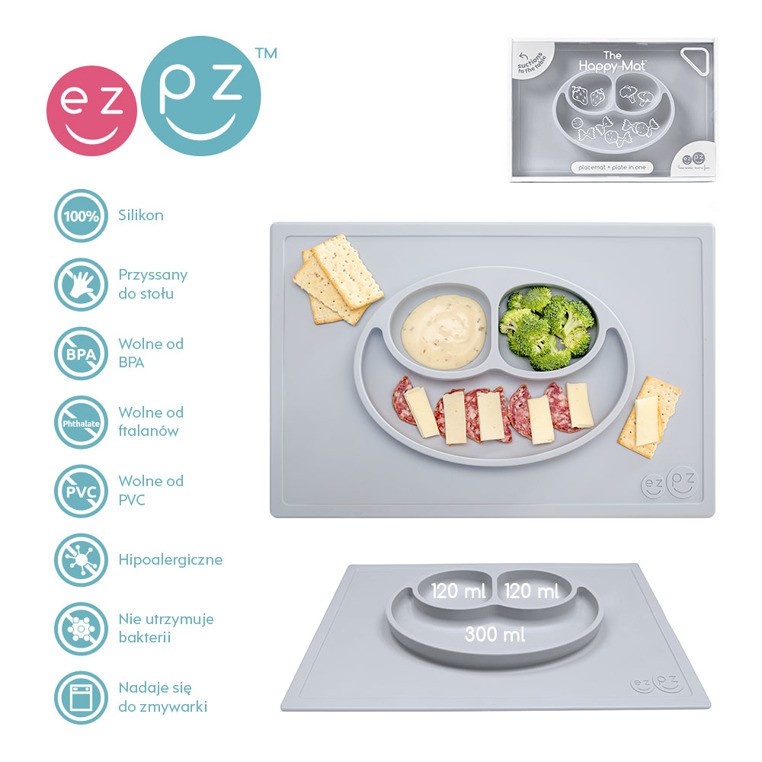 EZPZ Silikonowy talerzyk z podkładką Happy Mat 2w1, pastelowy szary