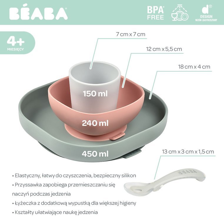 Beaba, Komplet naczyń z silikonu z przyssawką eucalyptus